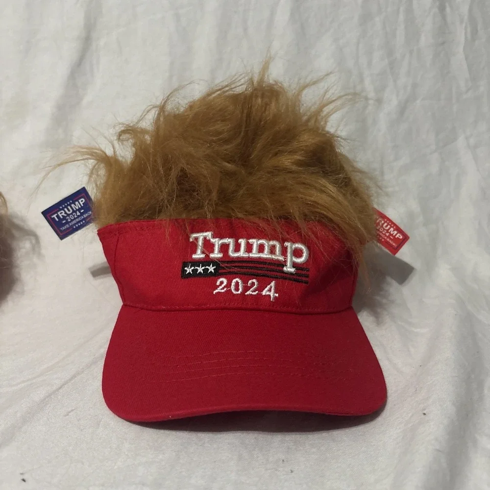 Lot Of 2 President‎ Donald TRUMP Red Trumpy Visor Hat w/Gold Hair Golf Cap Wig